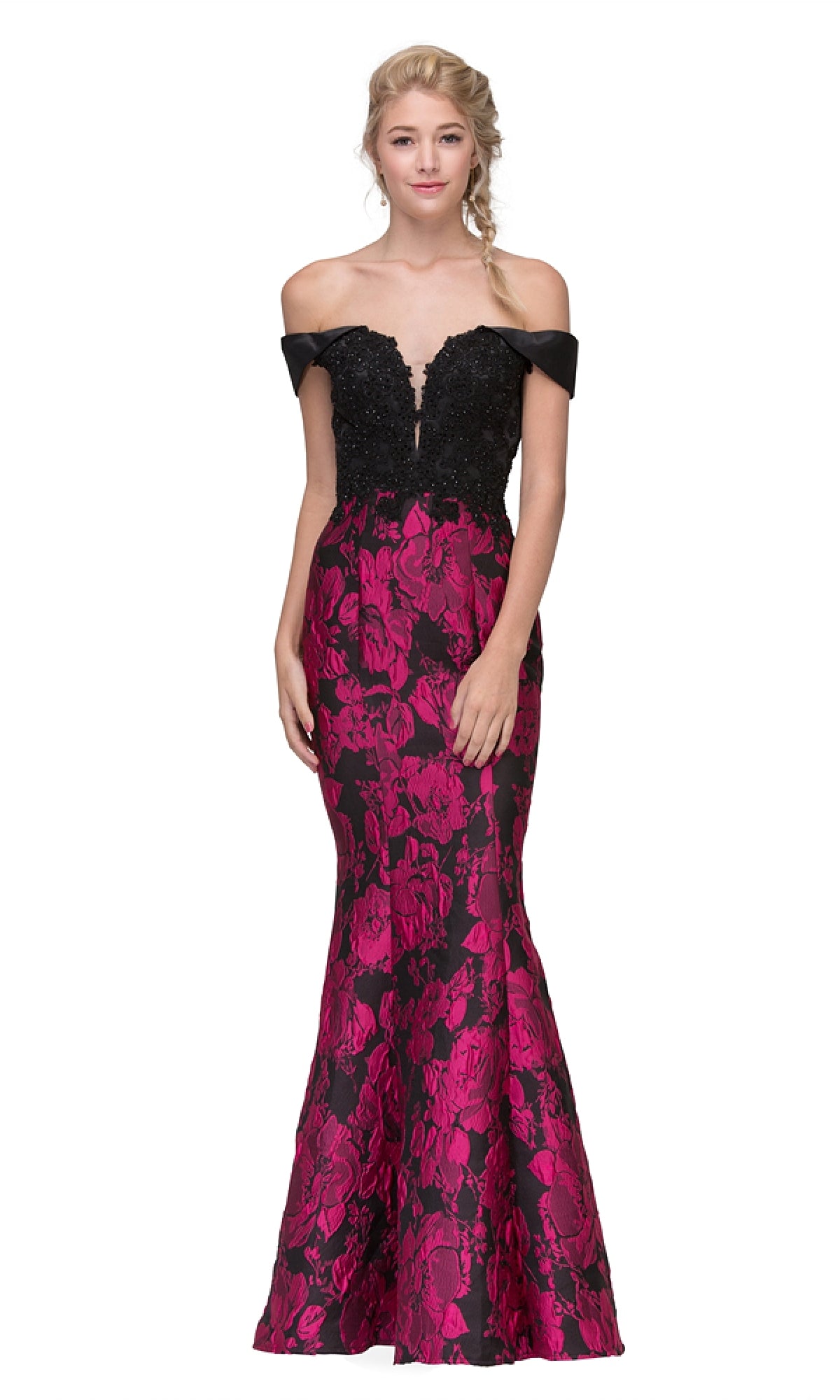A woman wears the Eureka 6222 Long Print Mermaid Formal Dress, a black and pink floral off-the-shoulder gown featuring a fitted bodice and flared skirt—an elegant evening option under $100.